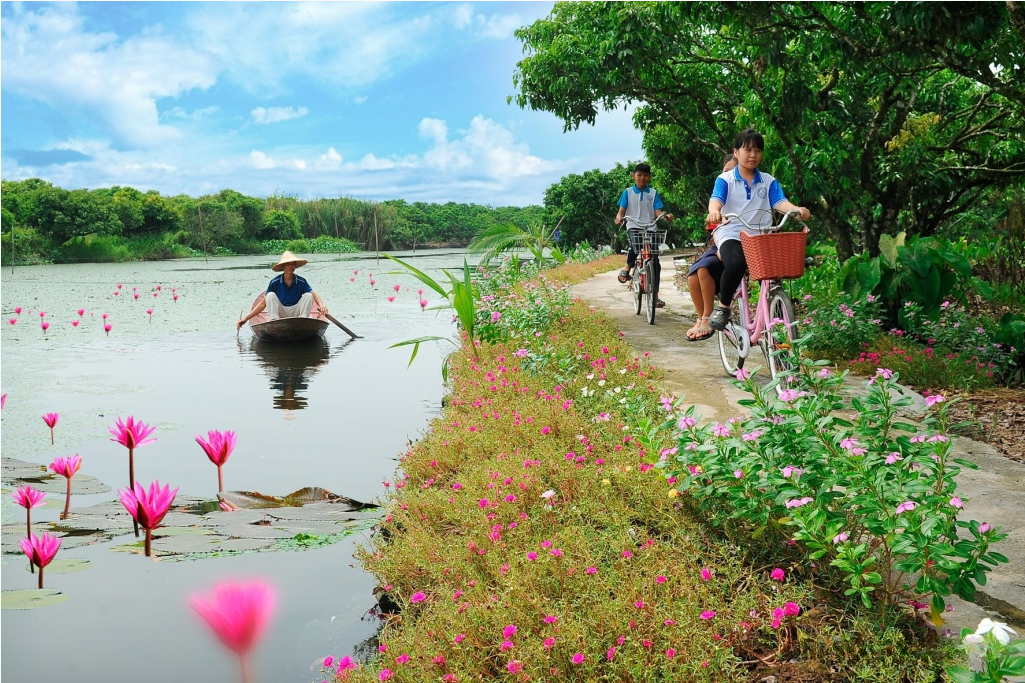 Đường vào khu du lịch sinh thái Đồng Mẩn được trồng nhiều loài hoa khoe sắc rực rỡ. Dưới sông là những dải hoa súng đẹp đến nao lòng.